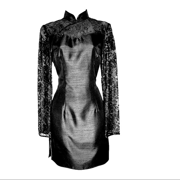 Dresses & Skirts - Black Long Sleeve Lace Contrast Asian Style Embroidered Sexy Mini Dress Black S